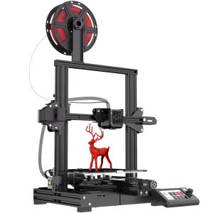 Voxelab Aquila desktop 3D printer with a red deer display model