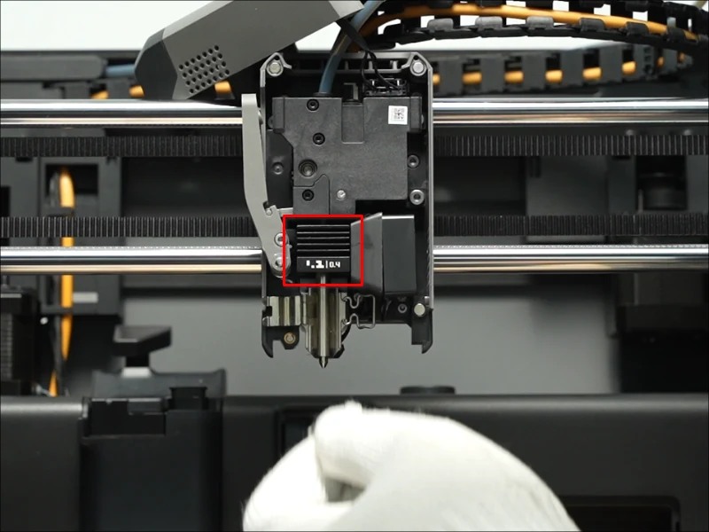 P2S toolhead with its front cover open and hotend exposed.