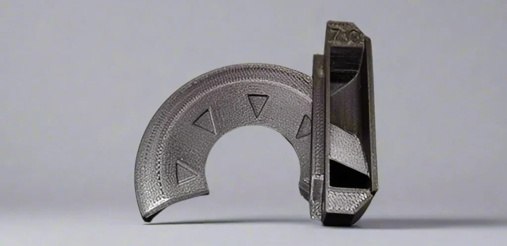 Two black printed pieces on a pale surface: a curved panel with triangular details beside an upright channel-shaped part.