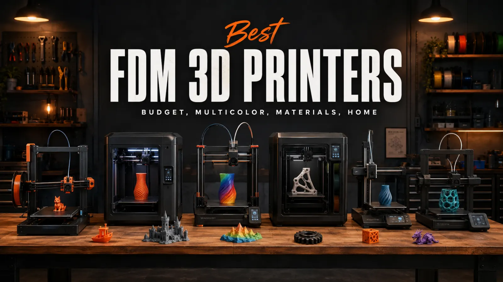 Several filament 3D printers lined up in a workshop for comparing the best FDM machines