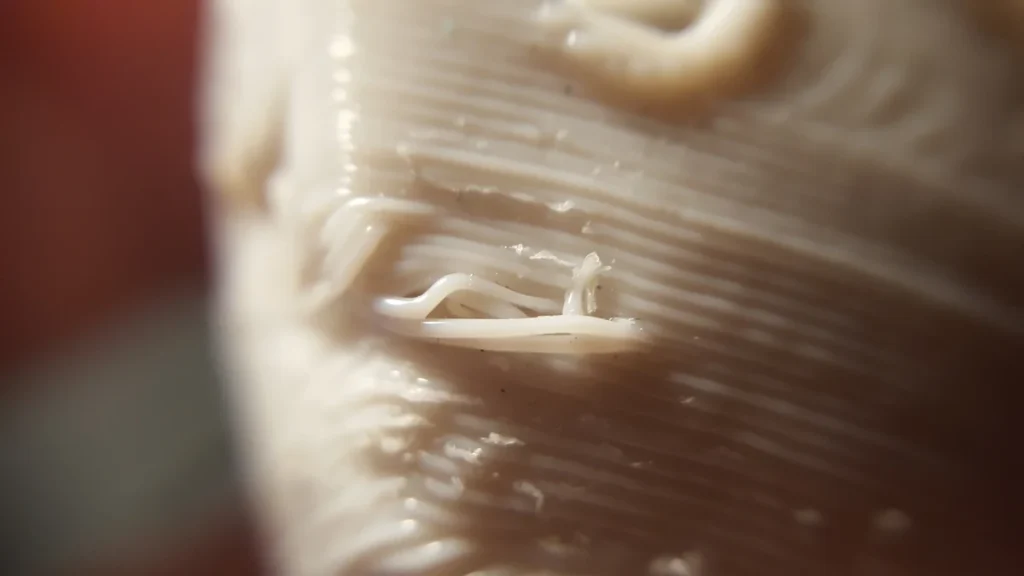 Close-up of a pale 3DBenchy print with visible layer ridges and loose strands across a small opening.