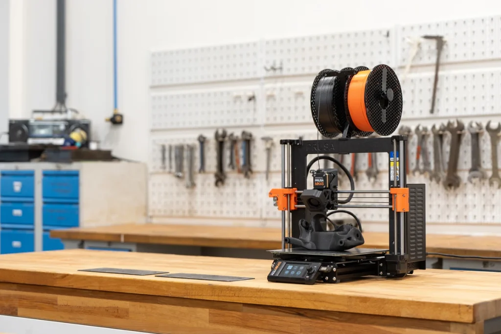A Prusa MK4S with two filament spools and a dark printed part on a wooden workbench, with spare sheets and tools nearby.